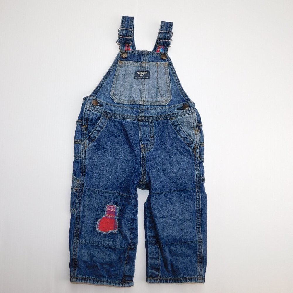 Oshkosh B'gosh Plaid Flannel lined Blue Jean Denim Overalls Baby Boys 18 months